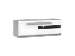 Meuble TV Blanc Et Décor Bois Gris 1 Placard Et 2 Tiroirs - ALEXIANE