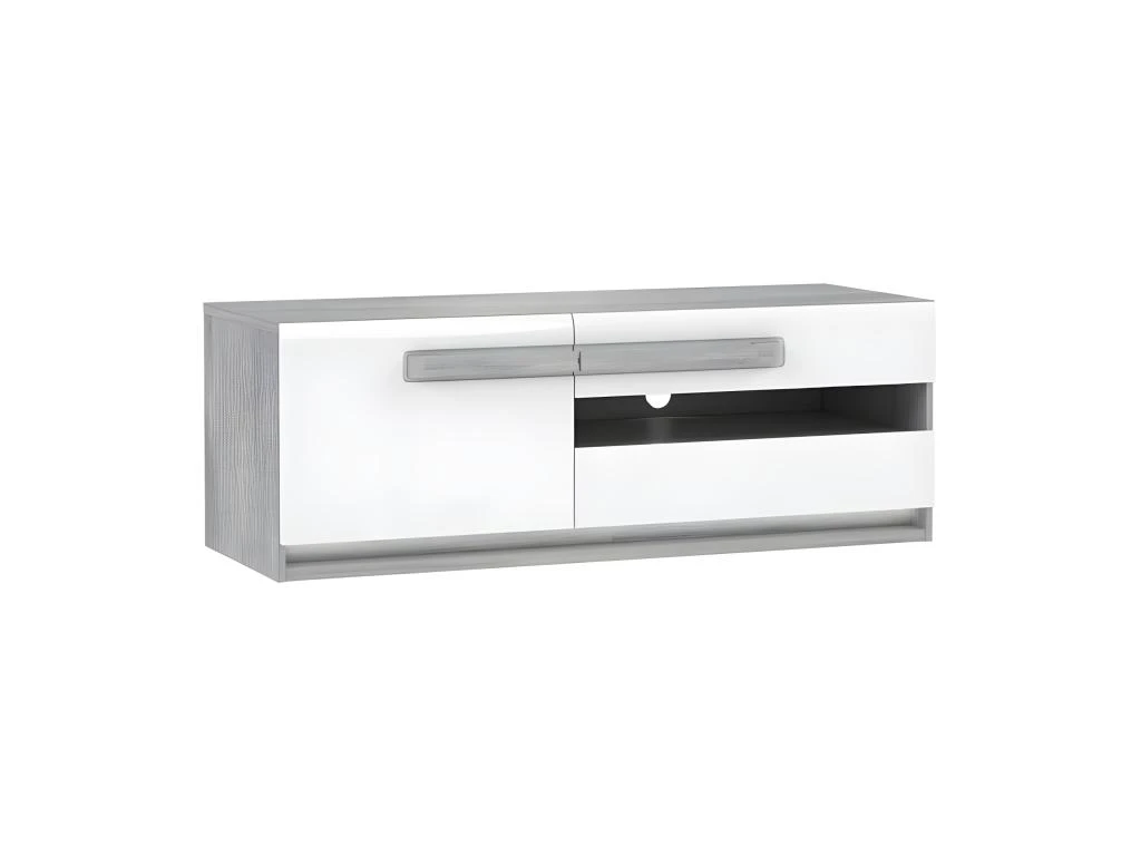 Meuble TV Blanc Et Décor Bois Gris 1 Placard Et 2 Tiroirs - ALEXIANE