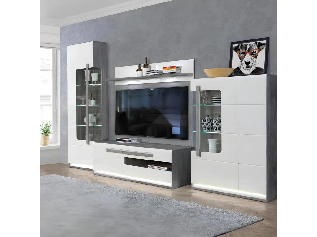 Meuble TV Blanc Et Décor Bois Gris 1 Placard Et 2 Tiroirs - ALEXIANE – Image 2