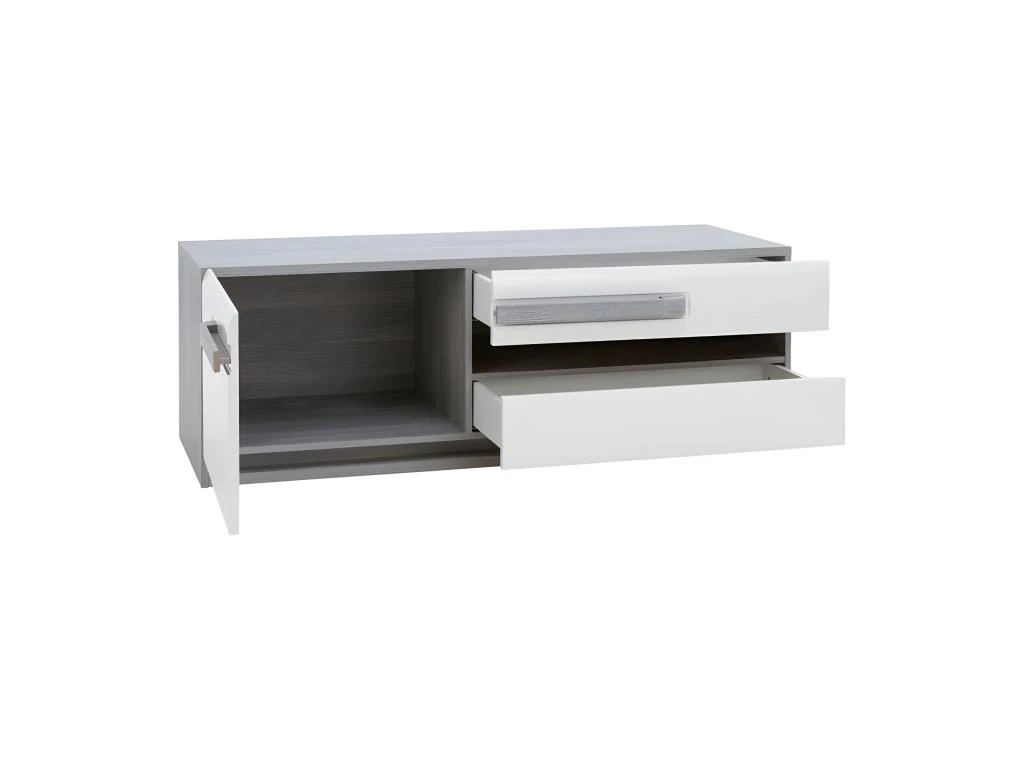 Meuble TV Blanc Et Décor Bois Gris 1 Placard Et 2 Tiroirs - ALEXIANE – Image 4