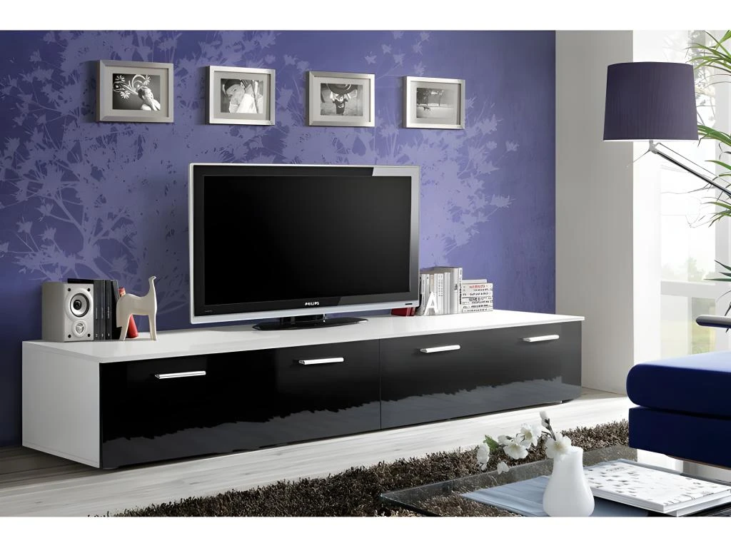 Meuble TV 200cm Collection COMET. Couleur Blanc Et Noir. 2 Portes Abattantes.