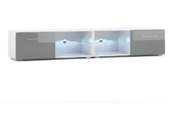 Meuble TV Design LEON II XXL, 2 Mètres, 2 Portes Et 4 Niches, Coloris Blanc Et Gris + LED