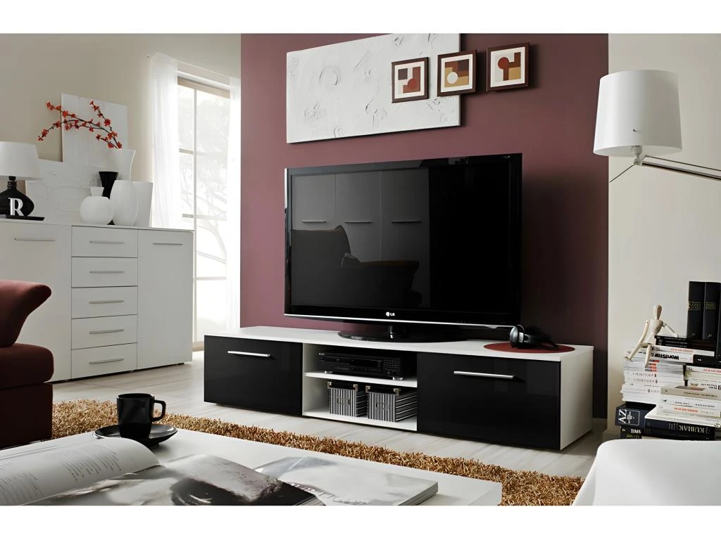 Meuble TV Design Collection BONOO 180 Cm. Coloris Blanc Et Noir.