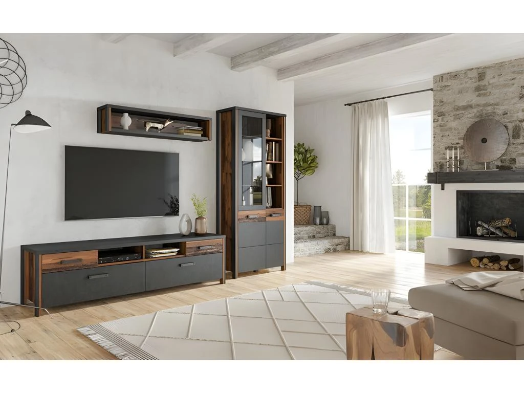 Meuble TV 190cm Collection WINDSOR. Coloris Gris Anthracite Et Chêne Foncé. – Image 3