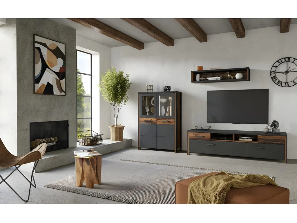 Meuble TV 190cm Collection WINDSOR. Coloris Gris Anthracite Et Chêne Foncé. – Image 4