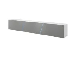 Meuble TV Design SPEED, 240 Cm, 1 Porte Et 3 Espaces De Rangement, Coloris Blanc Et Gris Avec LED Intégrée.