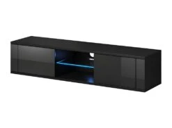 Meuble TV Design PARIS-HIT 140 Cm, 2 Portes Et 2 Niches, Coloris Noir + LED