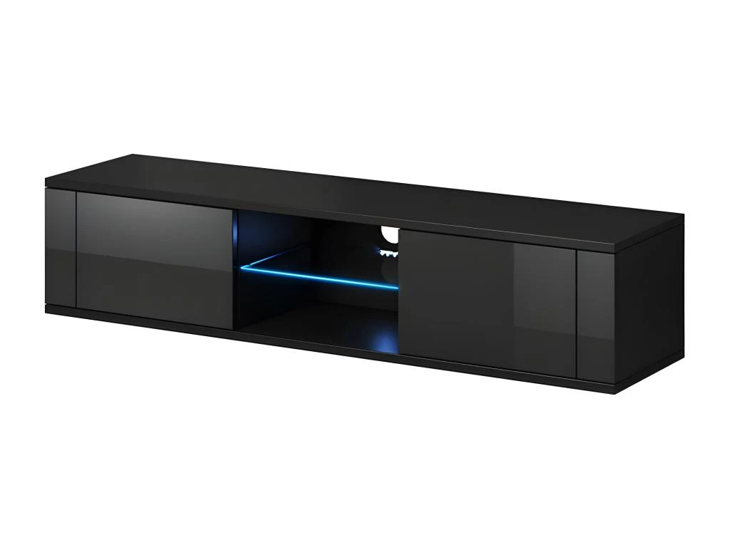 Meuble TV Design PARIS-HIT 140 Cm, 2 Portes Et 2 Niches, Coloris Noir + LED