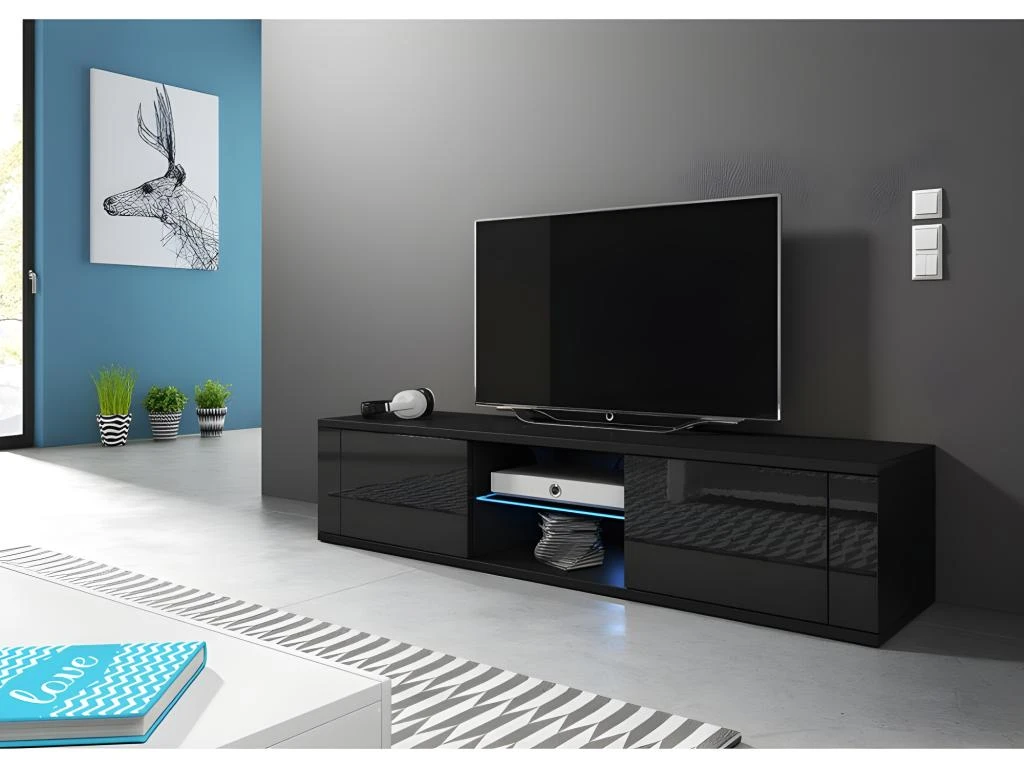 Meuble TV Design PARIS-HIT 140 Cm, 2 Portes Et 2 Niches, Coloris Noir + LED – Image 2