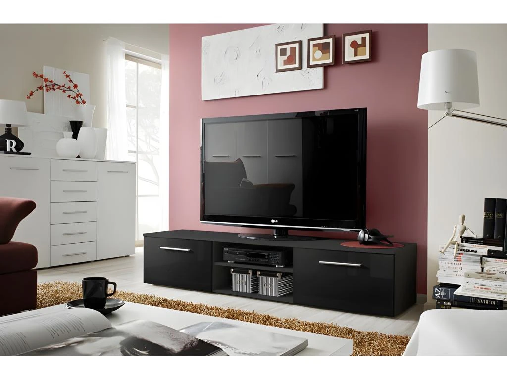 Meuble TV Design Collection BONOO 180 Cm. Coloris Noir Finition Glossy
