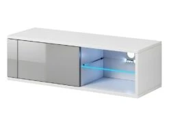 Meuble TV Design BREST-HIT 100 Cm, 1 Porte Et 2 Niches, Coloris Blanc Et Gris + LED