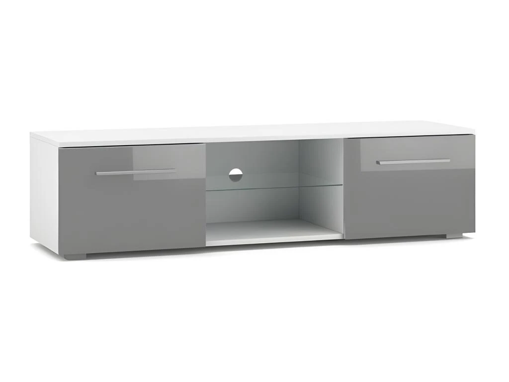 Meuble TV Design LEON 140 Cm. 2 Portes Et Niche Coloris Blanc Et Gris Brillant