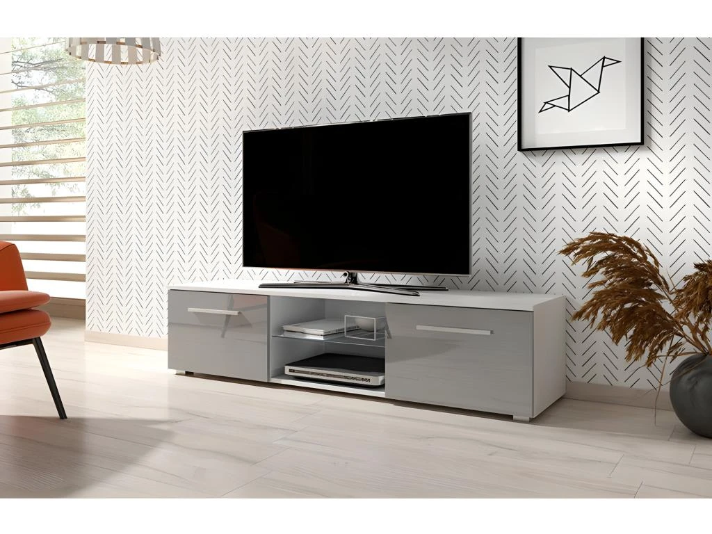 Meuble TV Design LEON 140 Cm. 2 Portes Et Niche Coloris Blanc Et Gris Brillant – Image 2