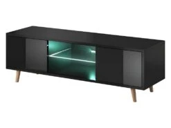 Meuble TV Design EDEN 140 Cm, 2 Portes Et 2 Niches, Coloris Noir + LED. Type Scandinave.