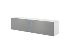 Meuble TV Suspendu Design SPEED, 160 Cm, 1 Porte, Coloris Blanc Et Gris Avec LED Intégrée.