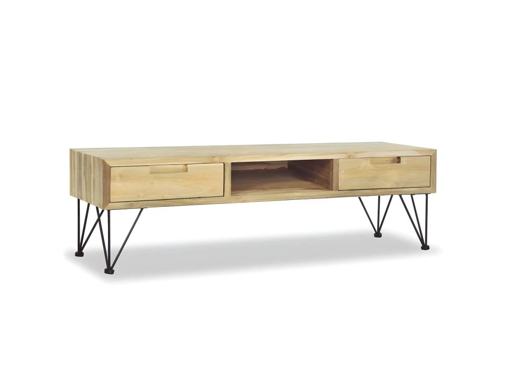 Meuble Télé Buffet Tv Télévision Design Pratique 120 Cm Teck Massif Beige 2502249 – Image 2