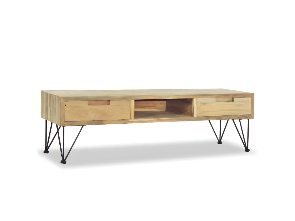 Meuble Télé Buffet Tv Télévision Design Pratique 120 Cm Teck Massif Beige 2502249 – Image 3