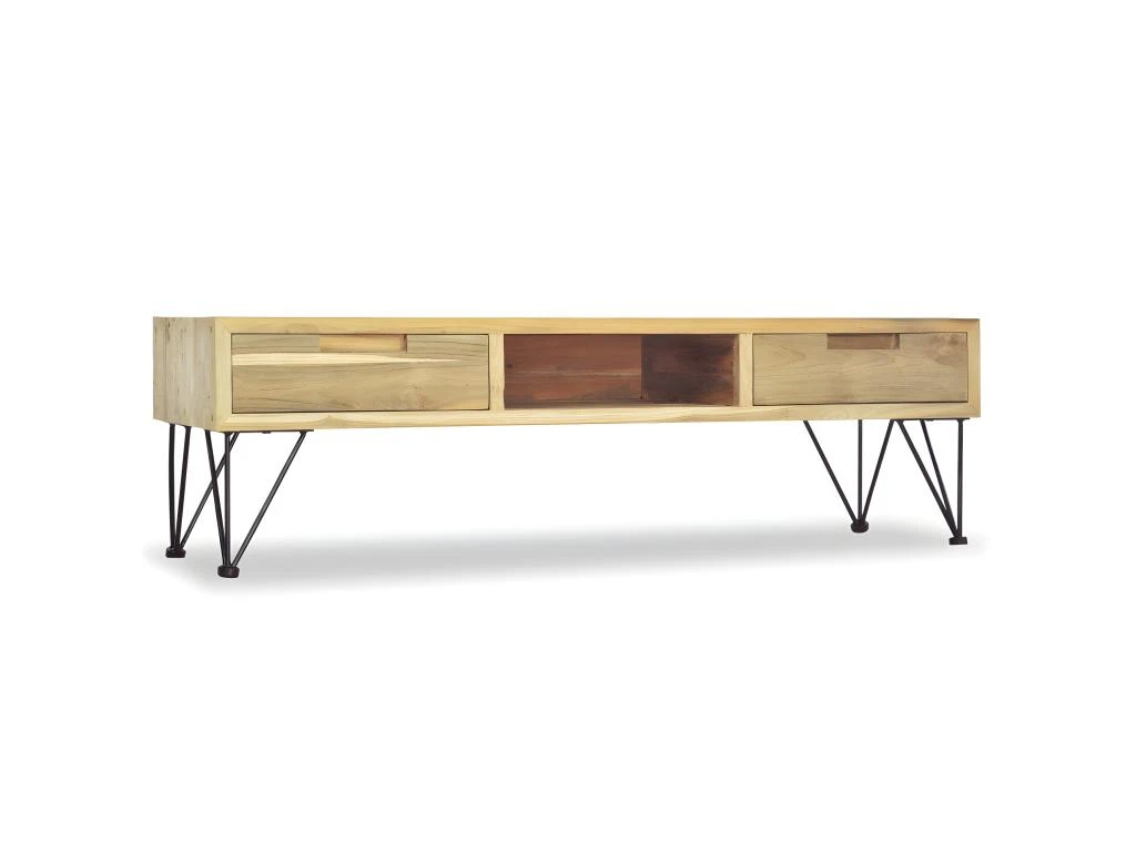 Meuble Télé Buffet Tv Télévision Design Pratique 120 Cm Teck Massif Beige 2502249 – Image 4