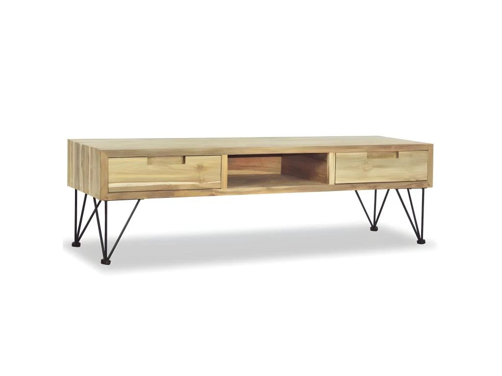 Meuble Télé Buffet Tv Télévision Design Pratique 120 Cm Teck Massif Beige 2502249 – Image 5