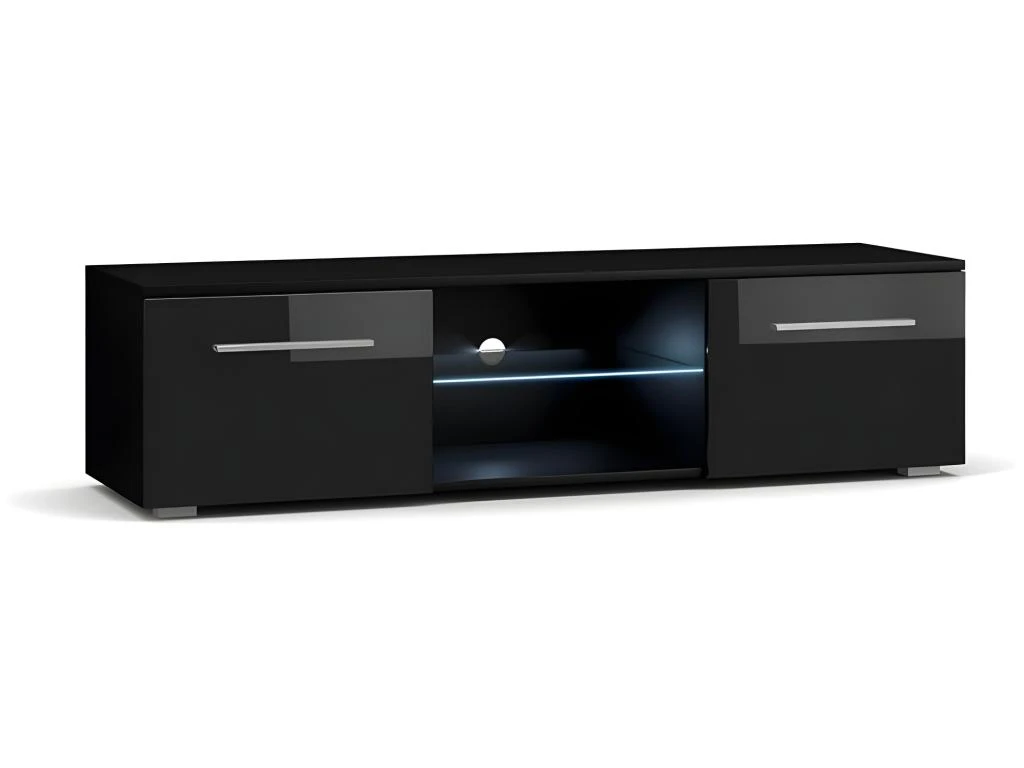 Meuble TV Design LEON 140 Cm. 2 Portes Et Niche Coloris Noir + LED