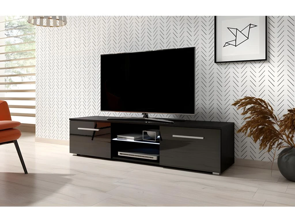 Meuble TV Design LEON 140 Cm. 2 Portes Et Niche Coloris Noir + LED – Image 2