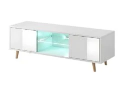 Meuble TV Design EDEN 140 Cm, 2 Portes Et 2 Niches, Coloris Blanc + LED. Type Scandinave.
