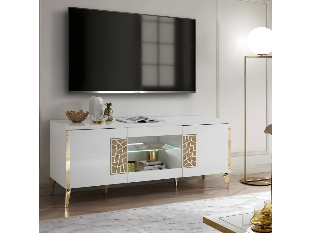 SAFARY - Meuble TV 160cm 3 Portes Laqué Blanc Et Or Décor Sérigraphié – Image 2