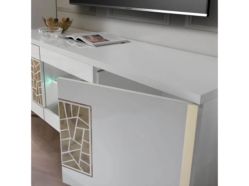 SAFARY - Meuble TV 160cm 3 Portes Laqué Blanc Et Or Décor Sérigraphié – Image 3