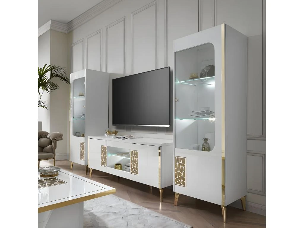 SAFARY - Meuble TV 160cm 3 Portes Laqué Blanc Et Or Décor Sérigraphié – Image 4