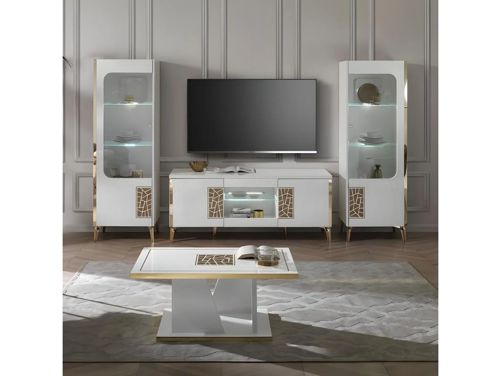 SAFARY - Meuble TV 160cm 3 Portes Laqué Blanc Et Or Décor Sérigraphié – Image 5