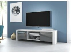 Meuble TV Design MANHATTAN 140 Cm à 2 Portes Et 2 Niches Coloris Blanc Et Gris