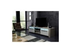 Meuble TV Design MANHATTAN 140 Cm à 2 Portes Et 2 Niches Coloris Sonoma Et Blanc + Led