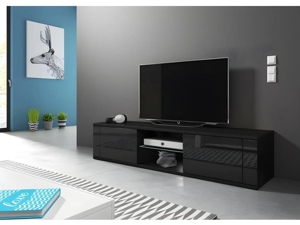 Meuble TV Design PARIS-HIT 140 Cm, 2 Portes Et 2 Niches, Coloris Noir Mat Et Noir Brillant – Image 2