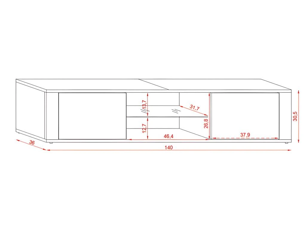 Meuble TV Design PARIS-HIT 140 Cm, 2 Portes Et 2 Niches, Coloris Noir Mat Et Noir Brillant – Image 4