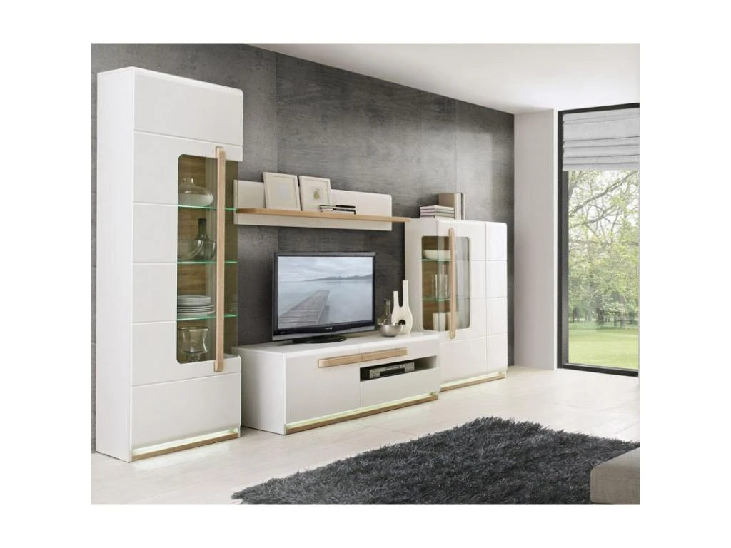 Meuble TV Blanc Laqué Et Décor Chêne Naturel - ALEXIANE – Image 3