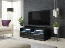 Meuble TV Design BONNIE 100 Cm, 2 Portes Et 2 Niches, Coloris Noir + LED.