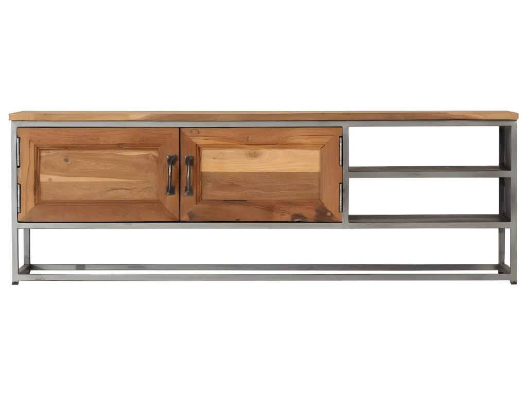 Meuble Télé Buffet Tv Télévision Design Pratique Teck Recyclé Et Acier 120 Cm 2502215 – Image 5