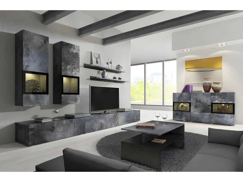 Ensemble De 7 Meubles De Salon Collection RAMOS. Couleur Gris Effet Ardoise Et Noir.