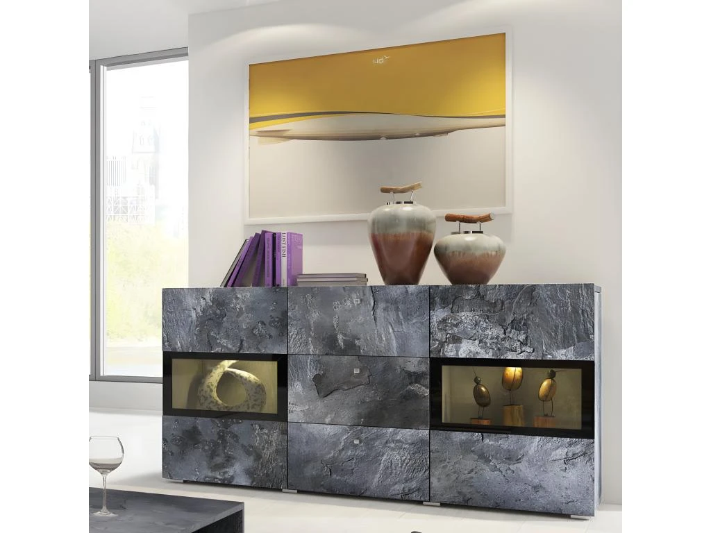 Ensemble De 7 Meubles De Salon Collection RAMOS. Couleur Gris Effet Ardoise Et Noir. – Image 3