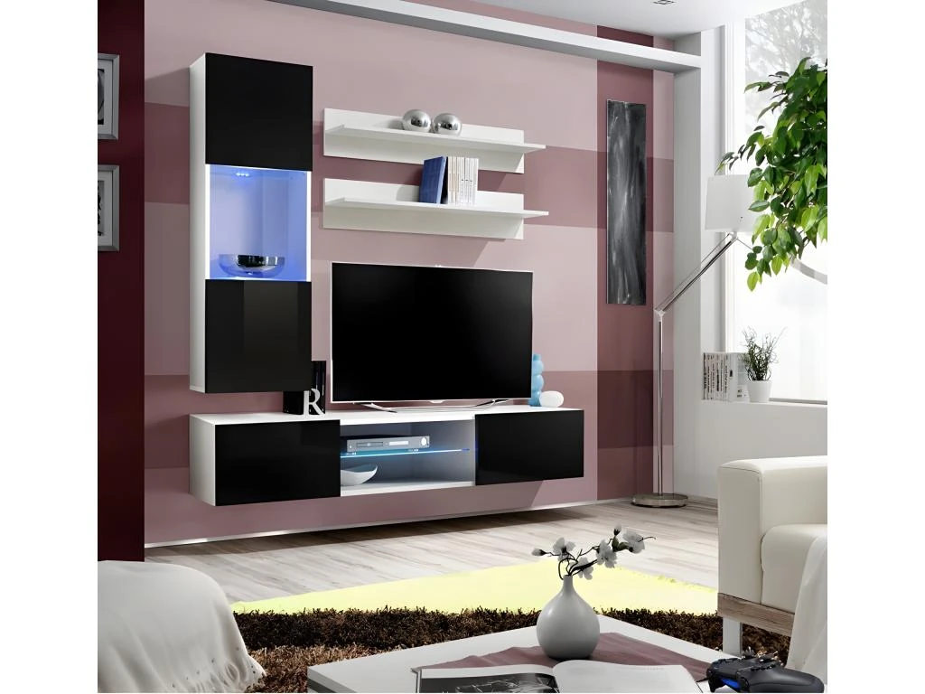 Ensemble Meuble TV FLY S3 Avec LED. Coloris Blanc Et Noir. Meuble Suspendu Design Pour Votre Salon.