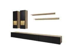 Ensemble Meubles De Salon Collection RAMOS. Coloris Chêne Et Noir Super Mat. LED Intégrées.