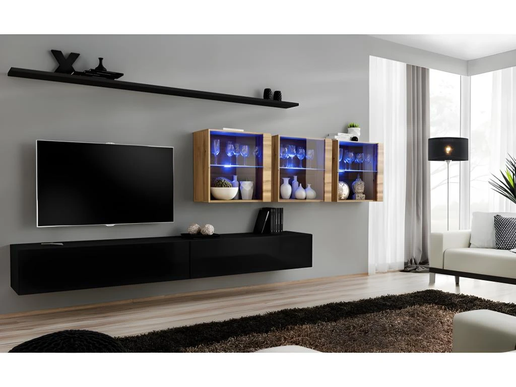 Ensemble Meuble Salon Mural SWITCH XVII Design, Coloris Noir Brillant Et Chêne Wotan.