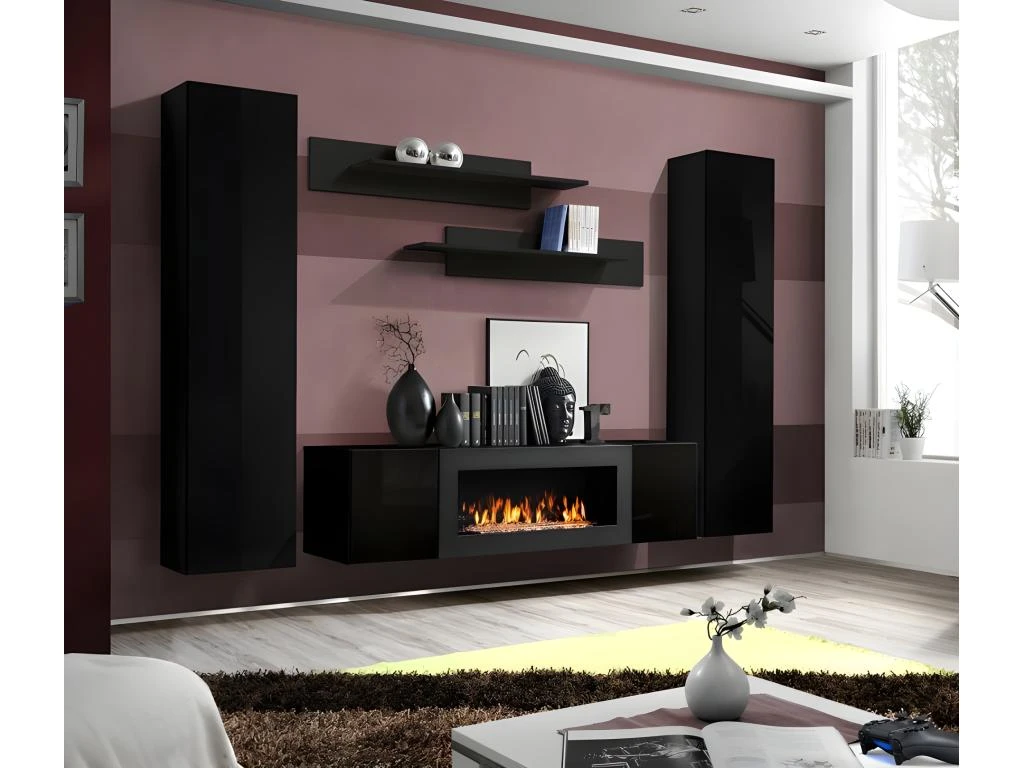 Ensemble De Meubles Suspendus Avec Cheminée Décorative Collection FLY M1. Coloris Noir.