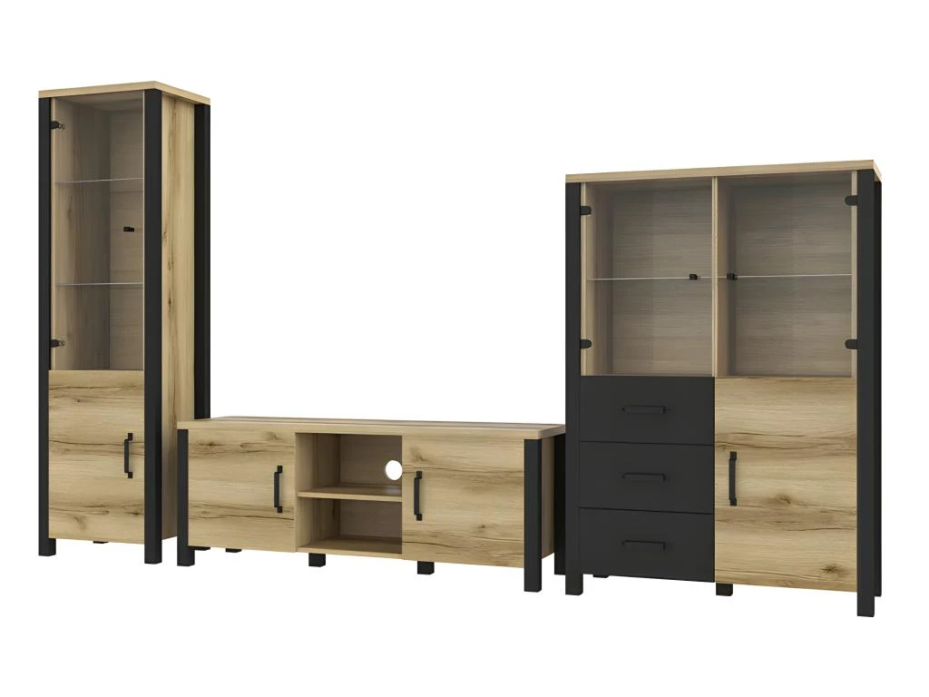 Ensemble De 3 Meubles De Salon Collection DARWIN. Couleur Chêne Clair Et Noir.