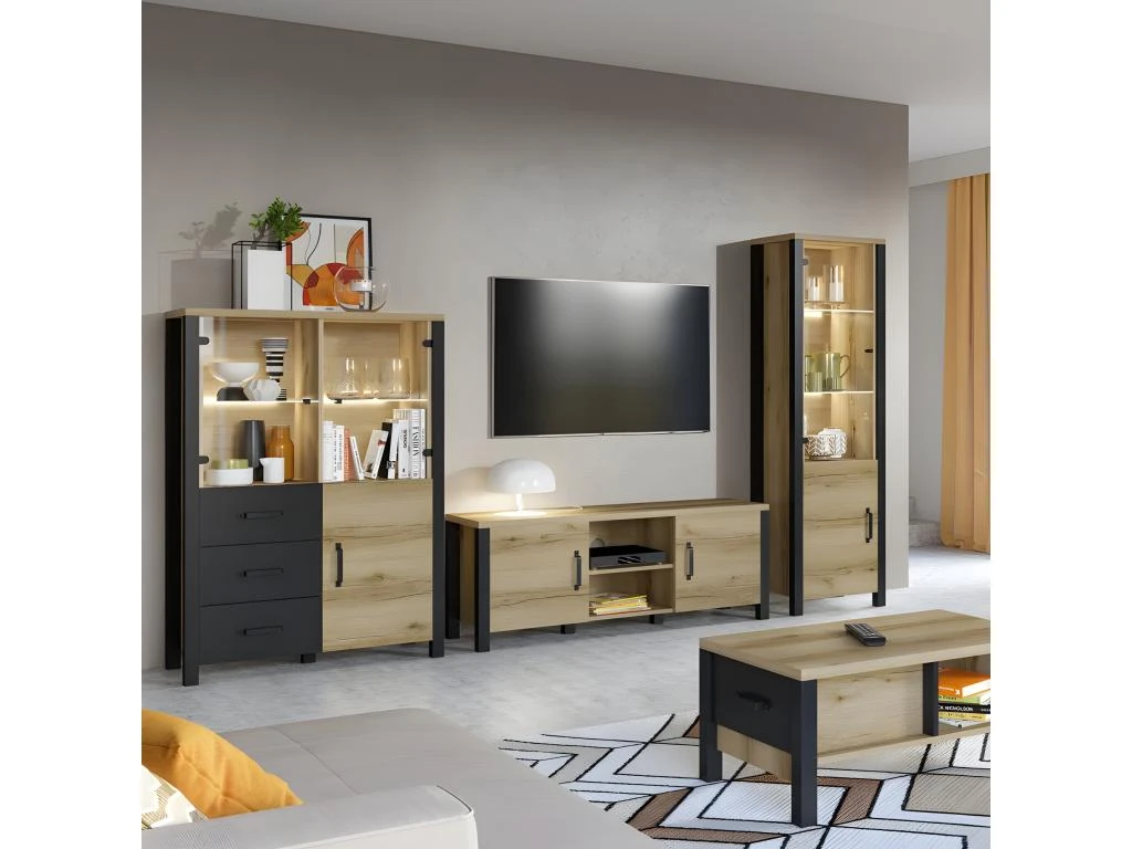 Ensemble De 3 Meubles De Salon Collection DARWIN. Couleur Chêne Clair Et Noir. – Image 3