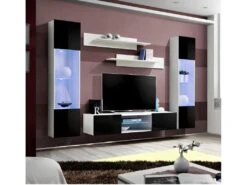 Ensemble Meuble TV FLY O3 Avec LED. Coloris Blanc Et Noir. Meuble Suspendu Design Pour Votre Salon.