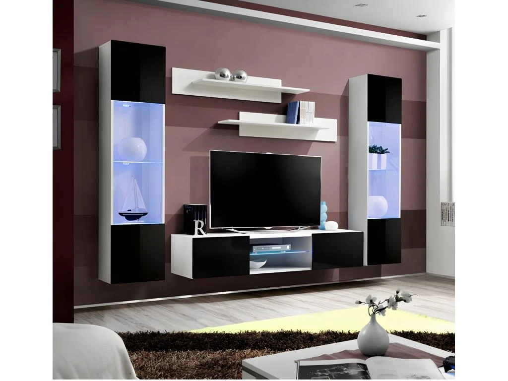 Ensemble Meuble TV FLY O3 Avec LED. Coloris Blanc Et Noir. Meuble Suspendu Design Pour Votre Salon.