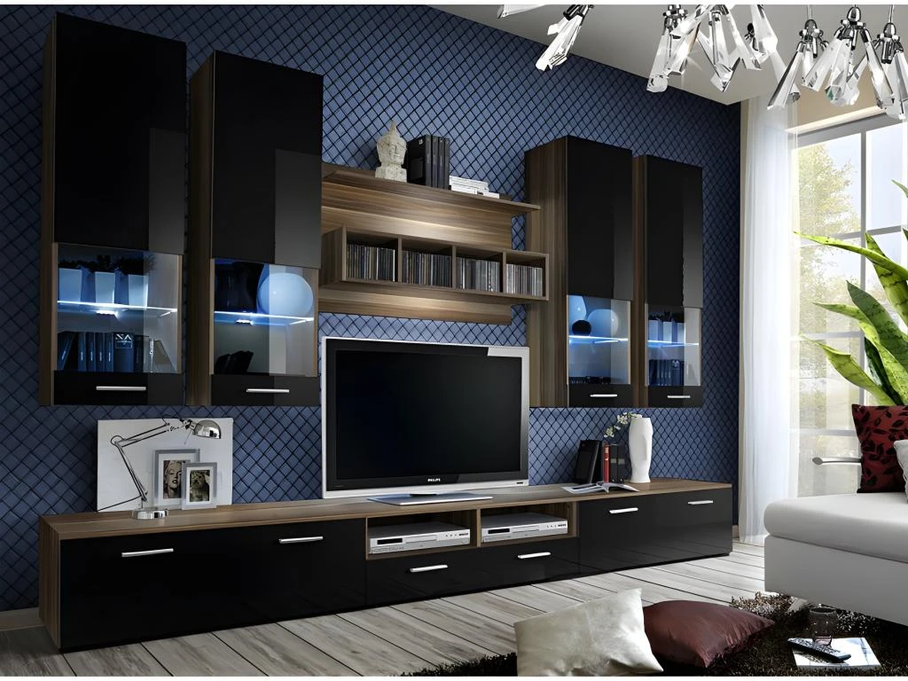 Composition De Meubles TV Design Collection SAGA. Coloris Noyer Et Noir