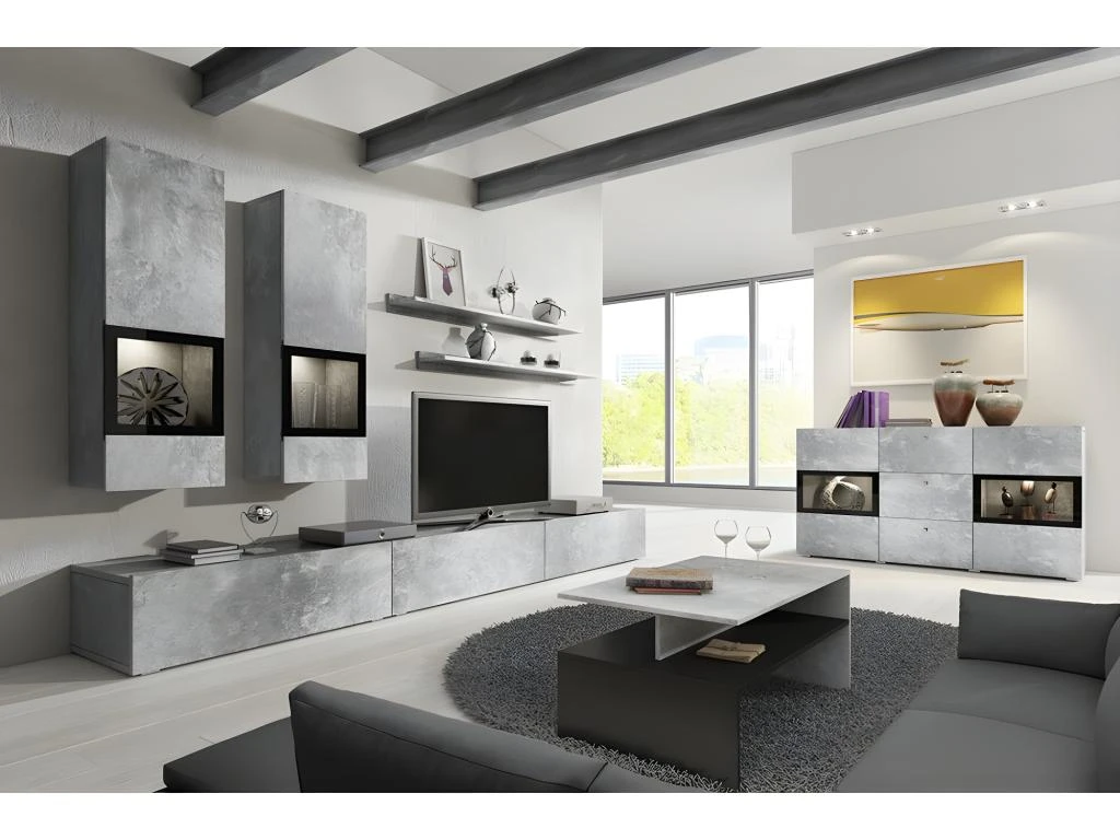 Ensemble Meubles De Salon Design Collection RAMOS. Coloris Gris Effet Béton. LED Intégrées.