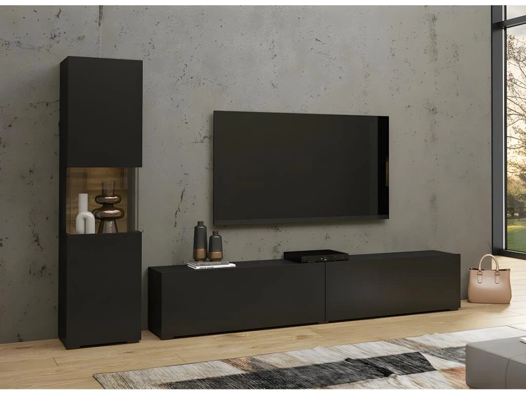 Ensemble Meuble TV Et Vitrine Collection EVA. Couleur Noir Et Chêne. – Image 2